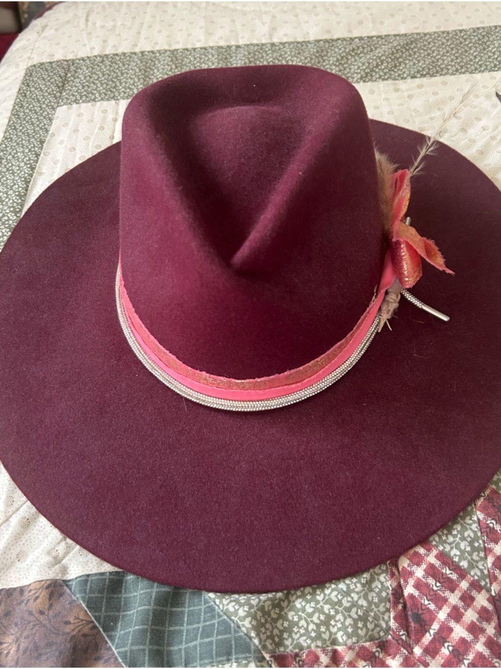 Custom Made Women's Wide-Brim Fedora in Burgundy with Pink Trim